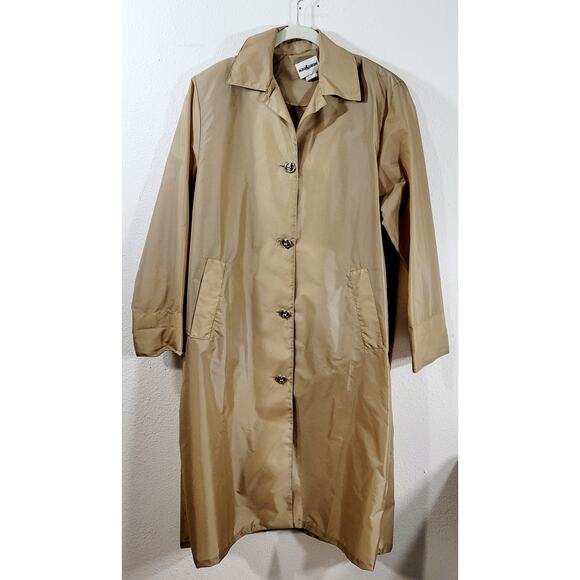 VTG Aqua Sheen Tan Brown Lightweight Raincoat Small Button Up Pocket Collard - Picture 8 of 8